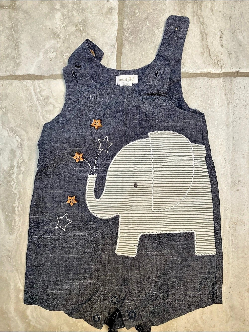 Mudpie Elephant Denim Romper Blue & White